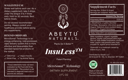 Abeytu Naturals InsuLess supplement facts and ingredients label