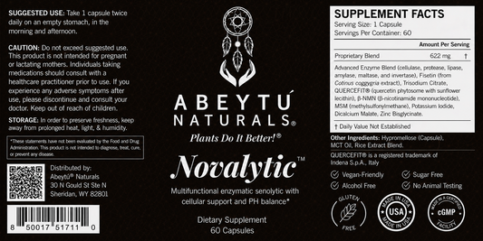 Abeytu Naturals Novalytic supplement facts and ingredients label