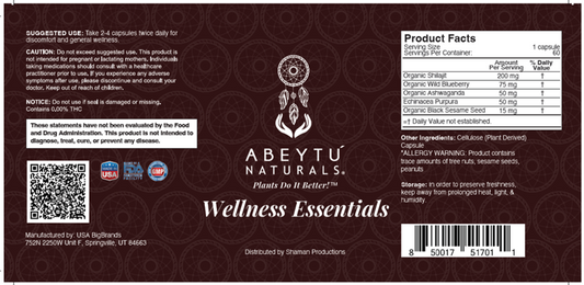 Abeytu Naturals Wellness Essentials supplement facts and ingredients label